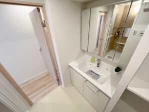 本体収納付き洗面台。三面鏡になっています